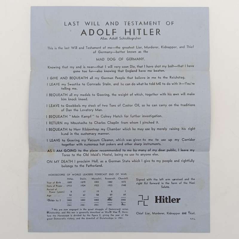 WW2 Propaganda leaflet - Last will and Testament of Adolf Hitler