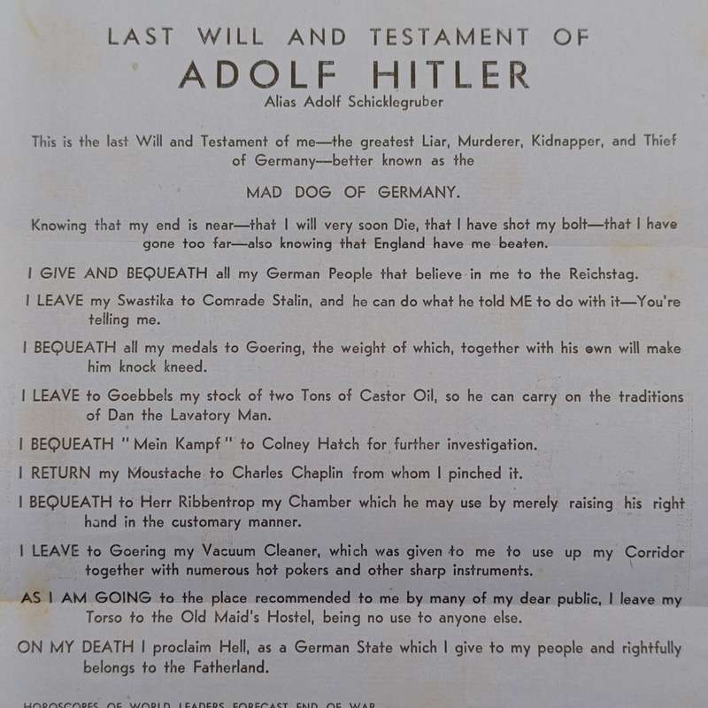 WW2 Propaganda leaflet - Last will and Testament of Adolf Hitler