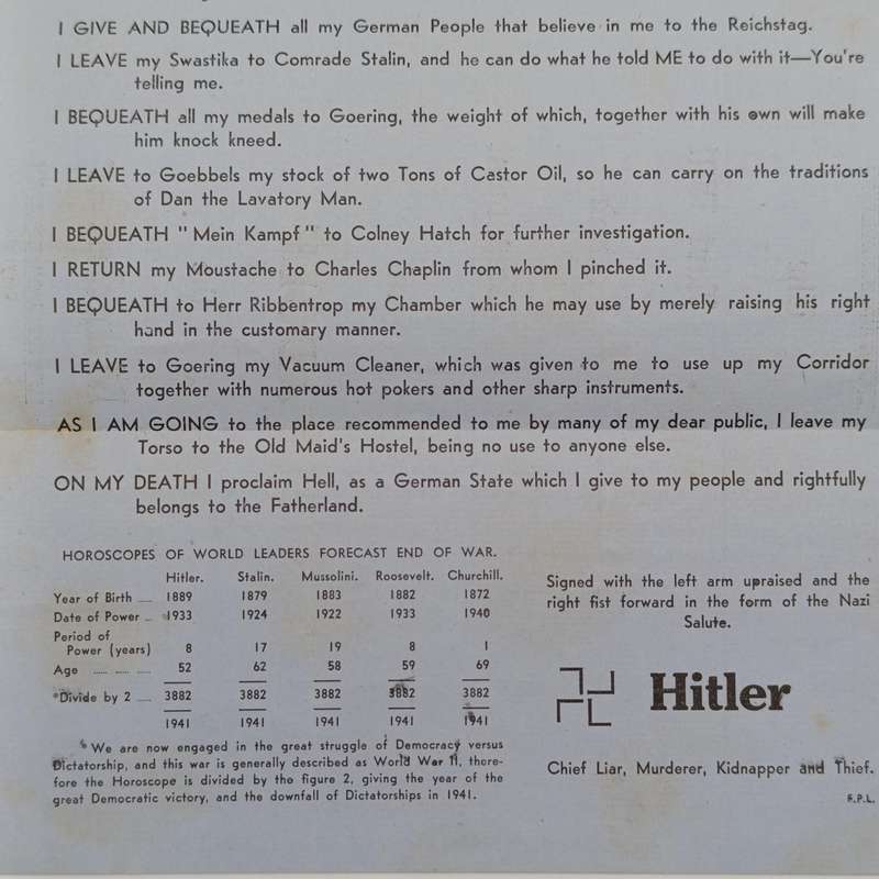 WW2 Propaganda leaflet - Last will and Testament of Adolf Hitler