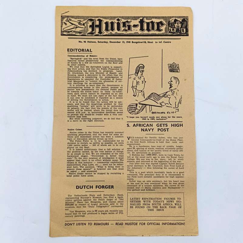 Original SA Forces newspaper at end of WW2 - HUIS-TOE - with  repatviation figures page