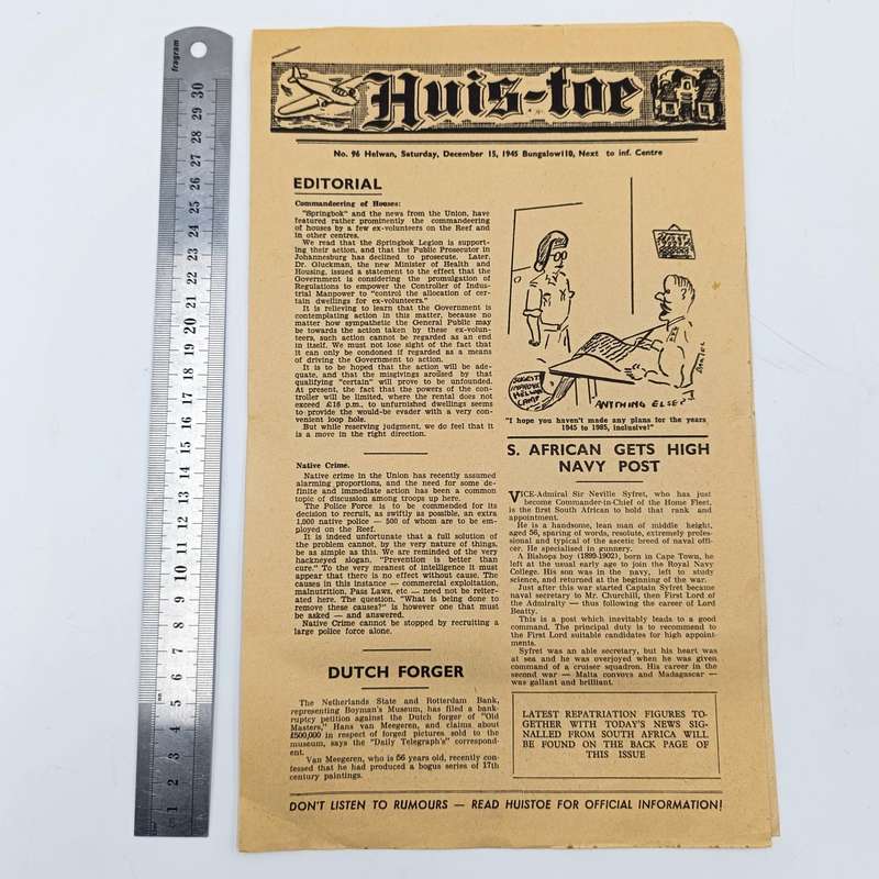 Original SA Forces newspaper at end of WW2 - HUIS-TOE - with  repatviation figures page
