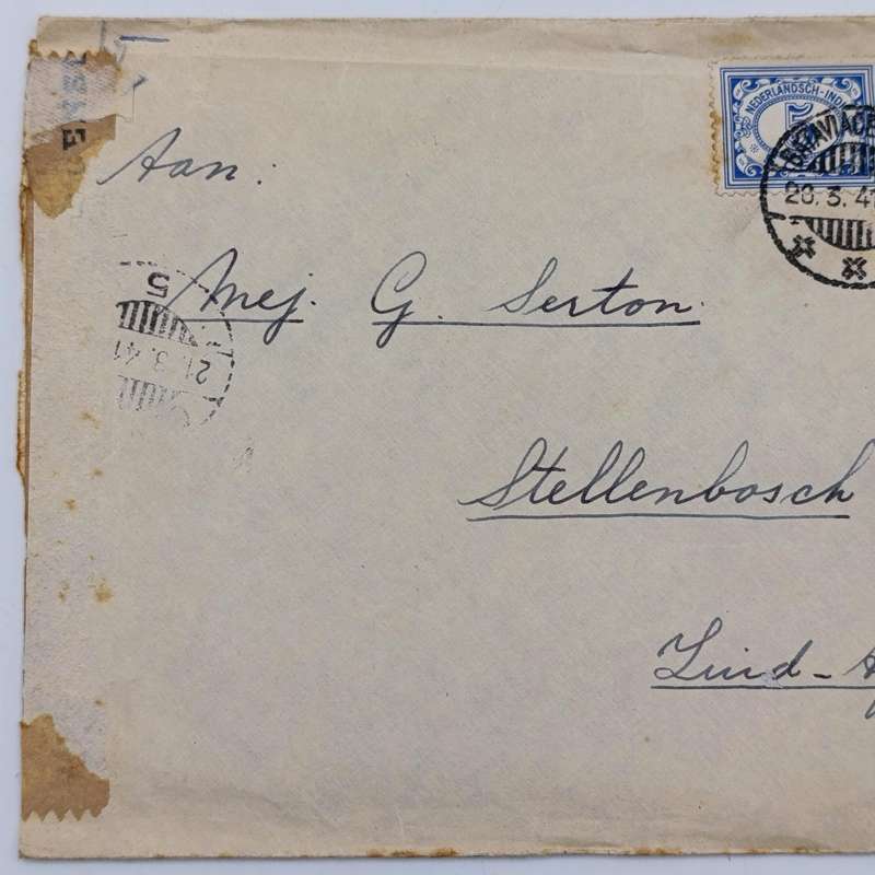 Postal cover Bataviacentrum to Stellenbosch, South Africa - Censored and posted 20 March 1941