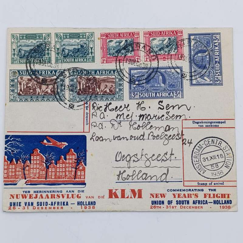 Commemorating New Years Flight Cover - Union of South Africa to Holland with SACC 75-80 stamps