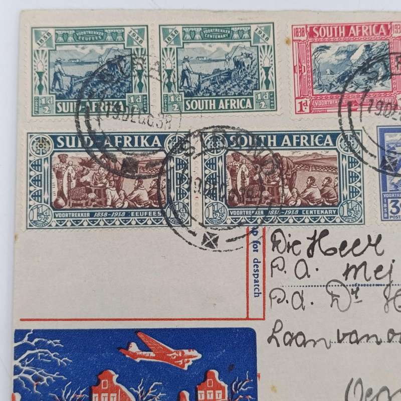 Commemorating New Years Flight Cover - Union of South Africa to Holland with SACC 75-80 stamps