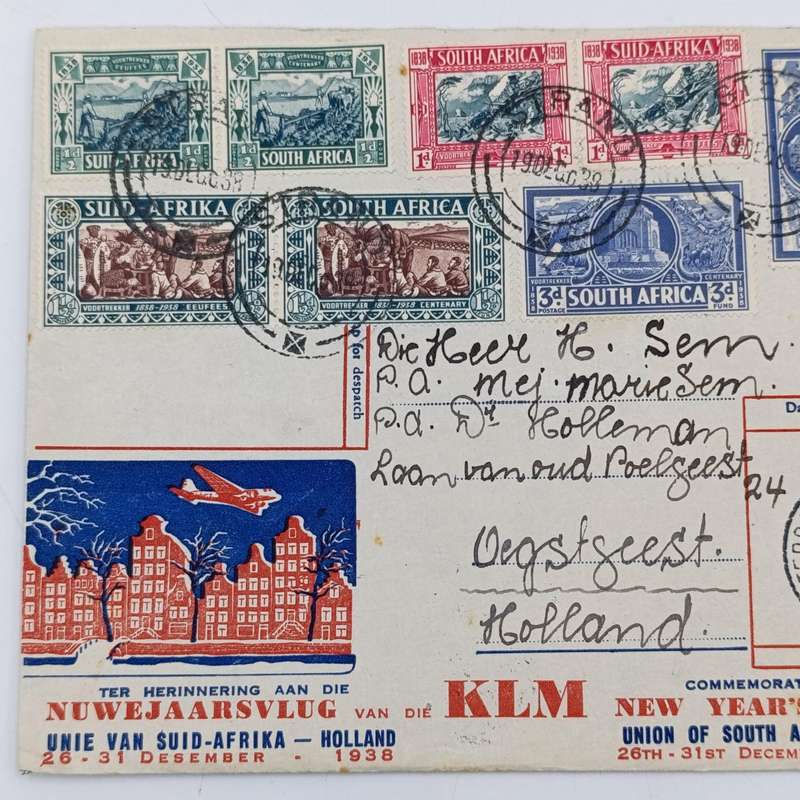 Commemorating New Years Flight Cover - Union of South Africa to Holland with SACC 75-80 stamps