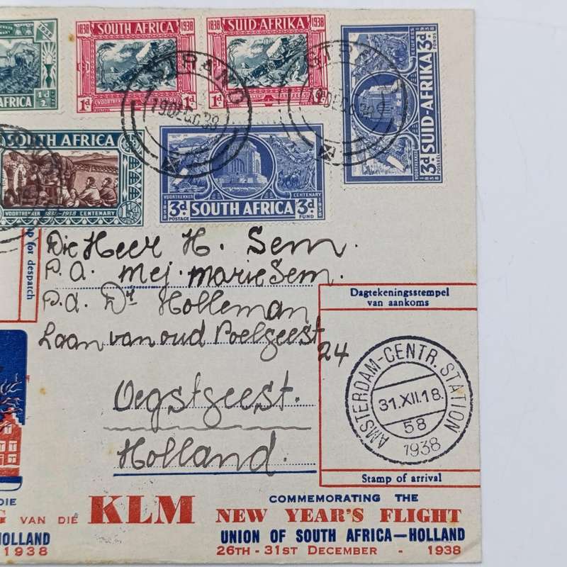 Commemorating New Years Flight Cover - Union of South Africa to Holland with SACC 75-80 stamps