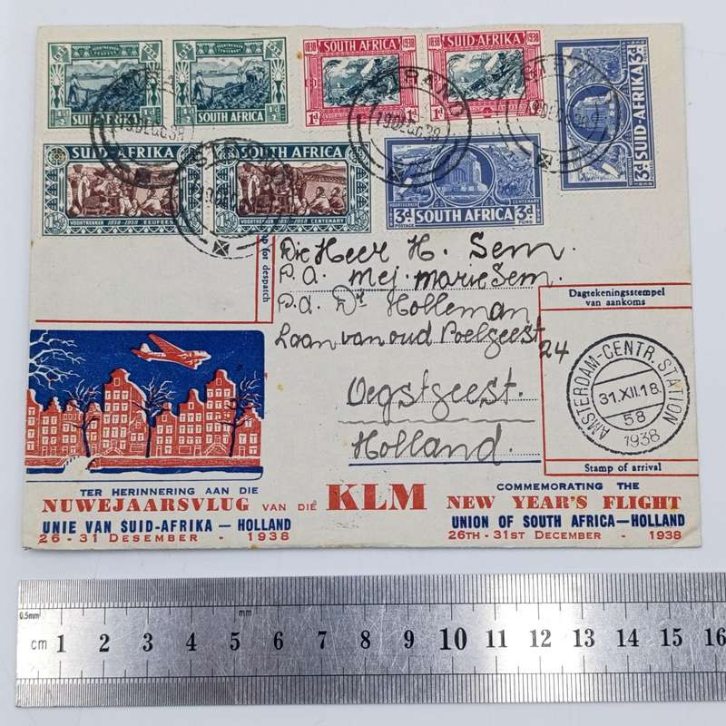 Commemorating New Years Flight Cover - Union of South Africa to Holland with SACC 75-80 stamps
