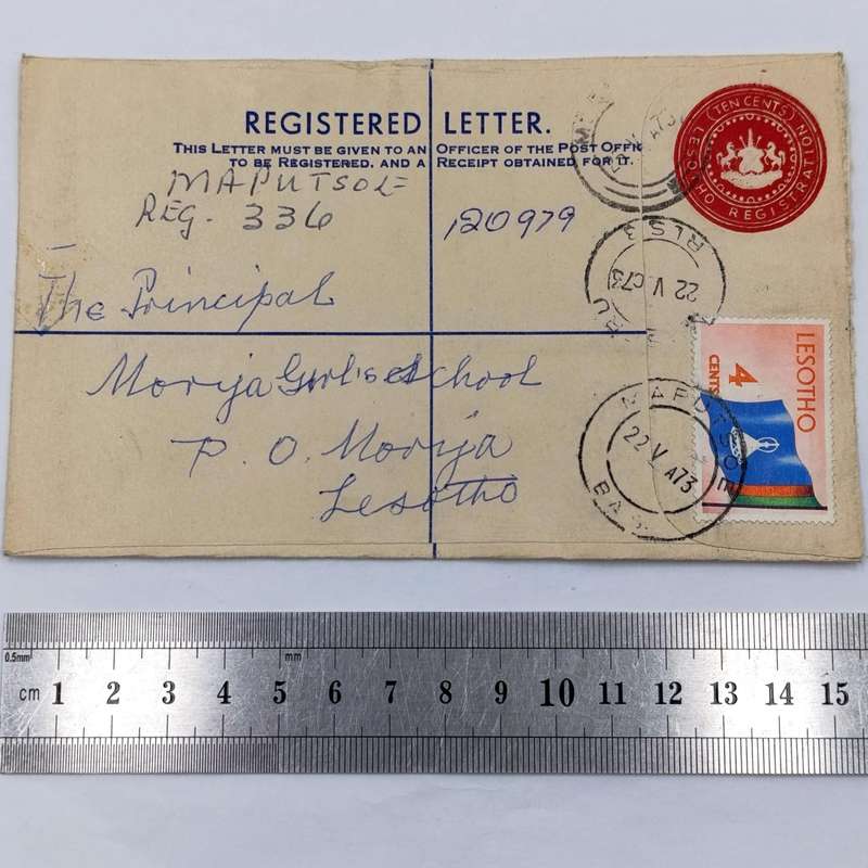 Maputsoe, Lesotho registered letter to Morija, Lesotho - with 4 cent Lesotho stamp