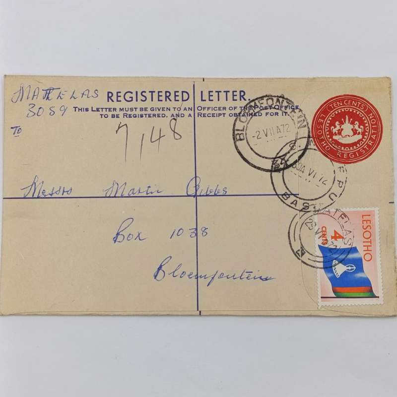 Registered Letter Matelas, Lesotho through Maseru to Bloemfontein, South Africa