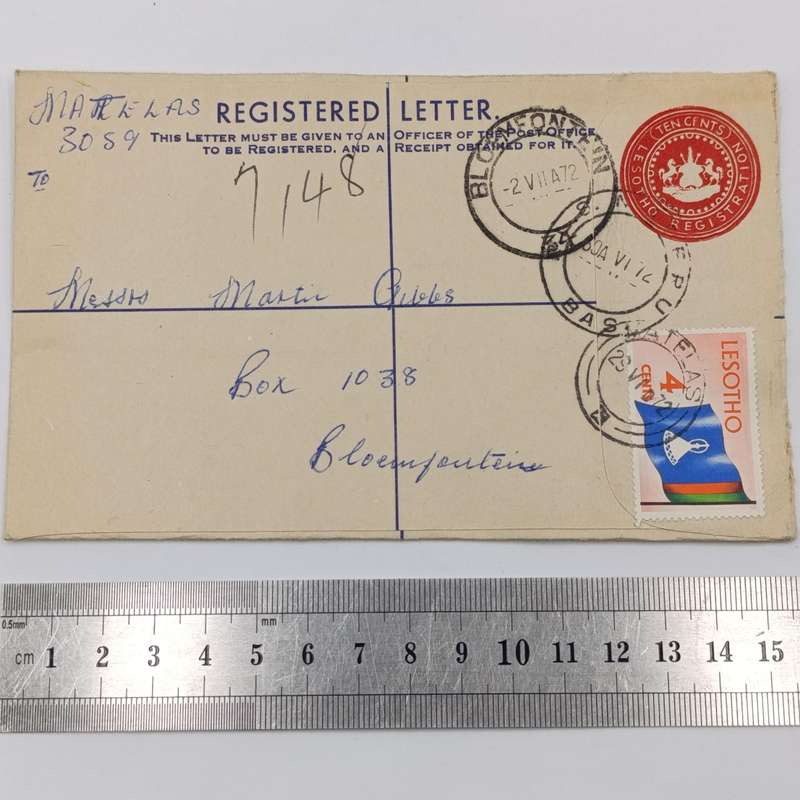 Registered Letter Matelas, Lesotho through Maseru to Bloemfontein, South Africa