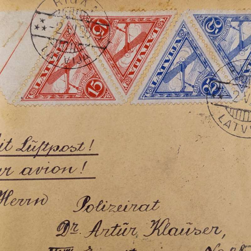 Postal Cover Riga, Latvia to Vienna, Austria with 6 triangular Latvian stamps cancelled 2 June 1928