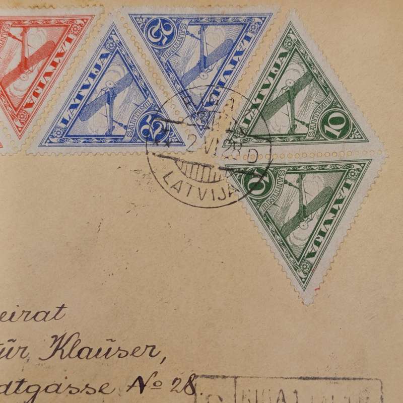 Postal Cover Riga, Latvia to Vienna, Austria with 6 triangular Latvian stamps cancelled 2 June 1928