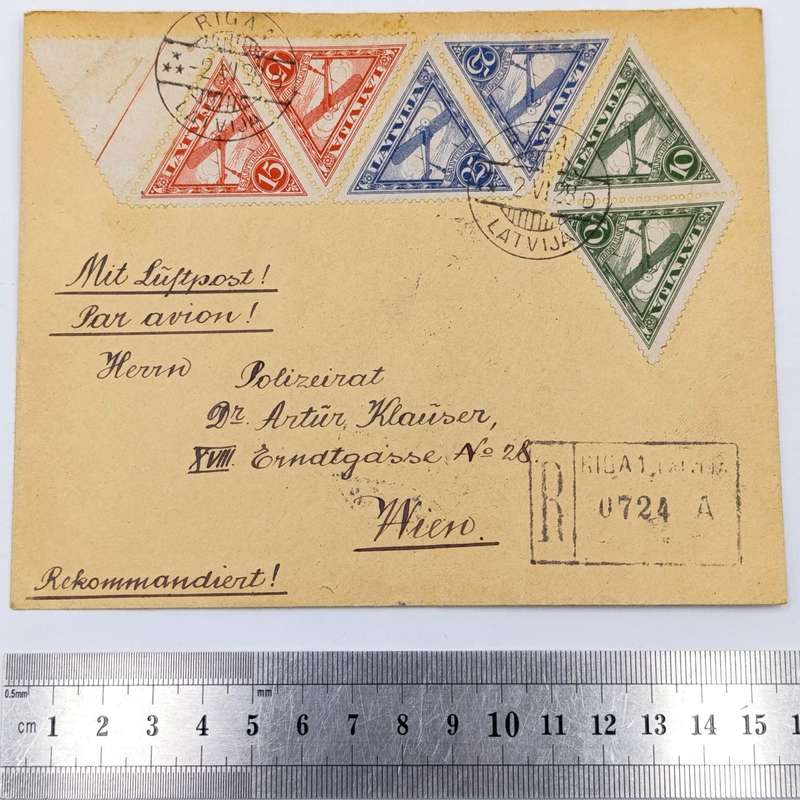 Postal Cover Riga, Latvia to Vienna, Austria with 6 triangular Latvian stamps cancelled 2 June 1928