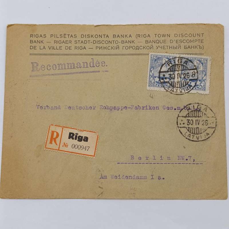 Postal cover RIGA, Latvia to Berlin, Germany with 2 blue Latvia stamps cancelled 30 April 1926