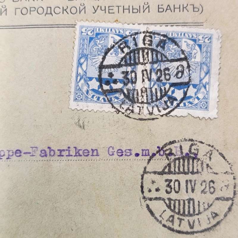 Postal cover RIGA, Latvia to Berlin, Germany with 2 blue Latvia stamps cancelled 30 April 1926