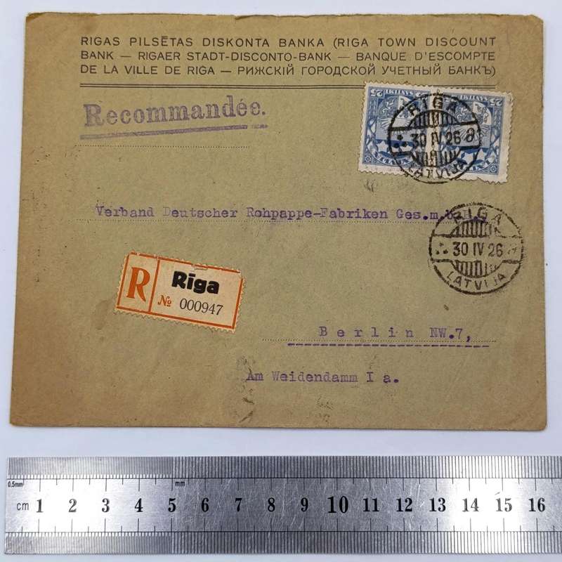 Postal cover RIGA, Latvia to Berlin, Germany with 2 blue Latvia stamps cancelled 30 April 1926