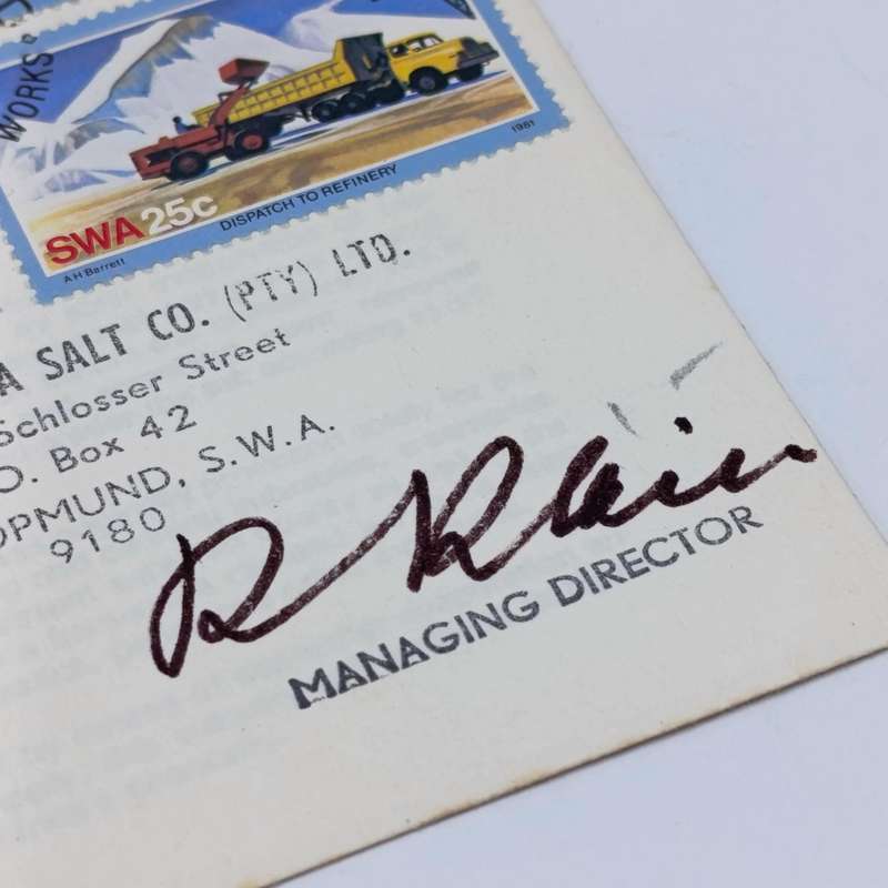 1981 SWA Swakopmund Salt works FDC signed by the Managing Director