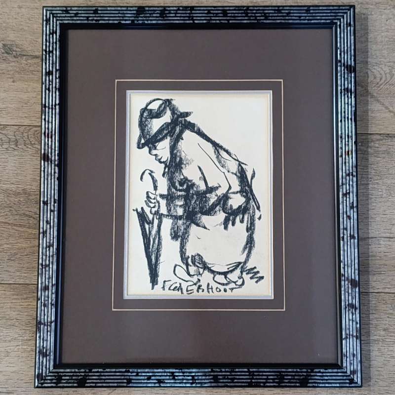 Original Frans Claerhout charcoal painting in frame