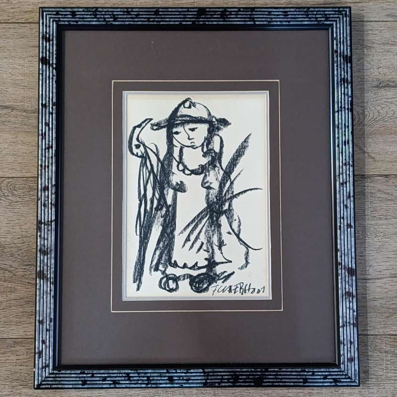 Original Frans Claerhout charcoal painting in frame