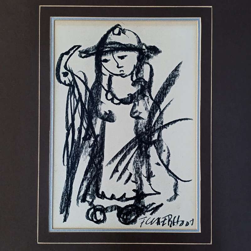 Original Frans Claerhout charcoal painting in frame
