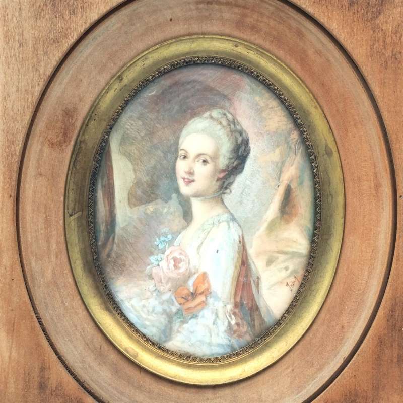 Antique handpainted mini portrait painting in frame
