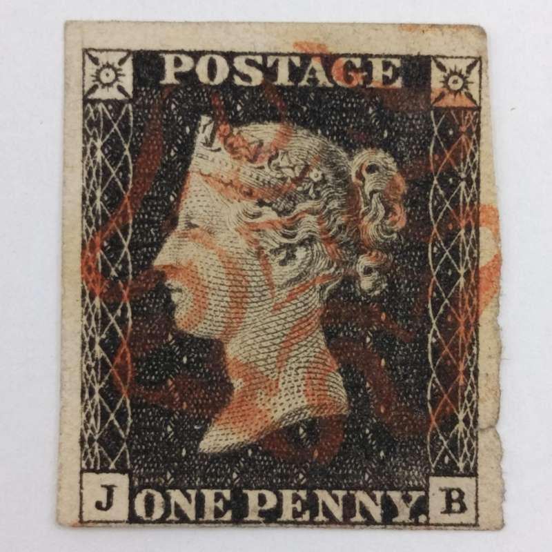 Great Britain 1840 JB corners penny black stamp - Thin bottom margin