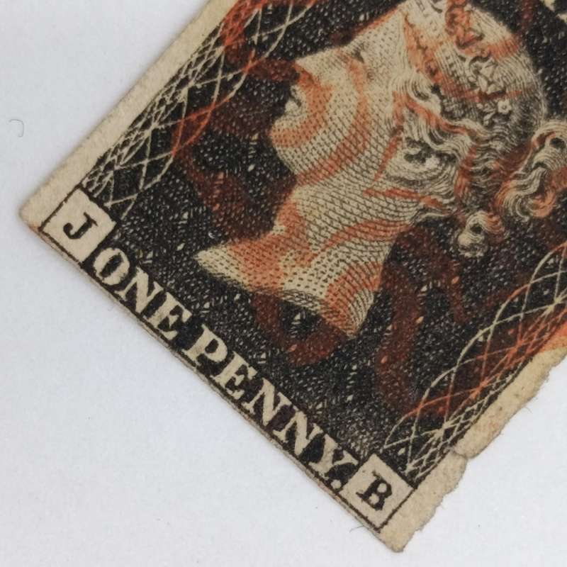 Great Britain 1840 JB corners penny black stamp - Thin bottom margin