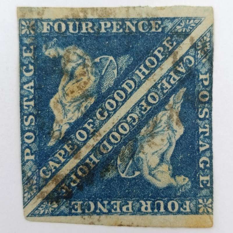 Cape Triangular Four pence uncut pair - dark shade of steel blue - 2 sides no margin
