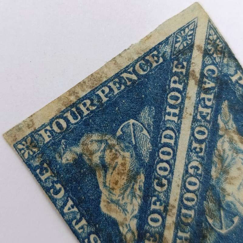 Cape Triangular Four pence uncut pair - dark shade of steel blue - 2 sides no margin