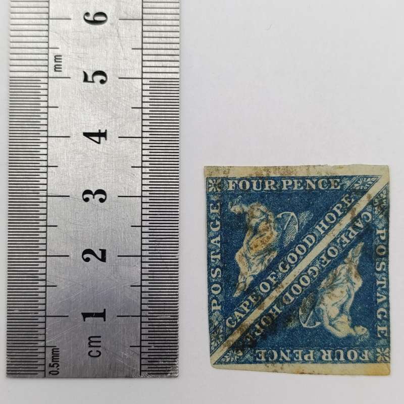 Cape Triangular Four pence uncut pair - dark shade of steel blue - 2 sides no margin