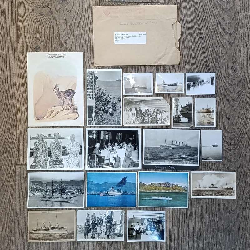 Union Castle Line 1974 Pendennis Castle menu plus 17 photos and cards dating back as far as 1932