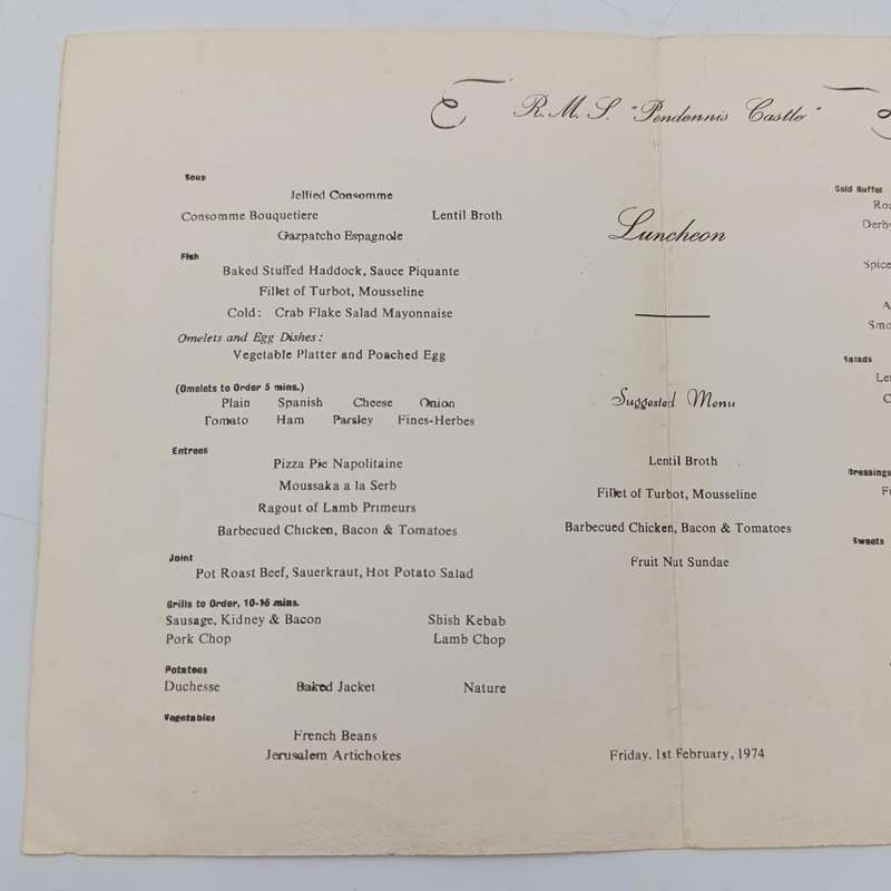 Union Castle Line 1974 Pendennis Castle menu plus 17 photos and cards dating back as far as 1932
