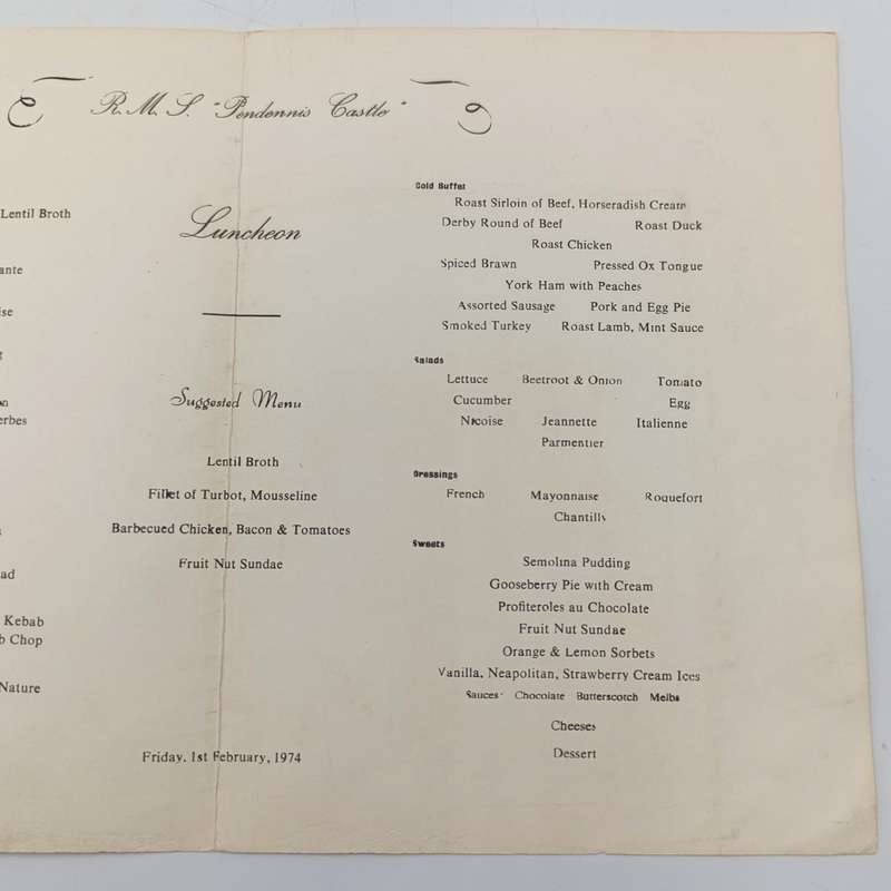 Union Castle Line 1974 Pendennis Castle menu plus 17 photos and cards dating back as far as 1932