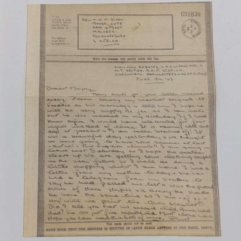 WW2 Airgraph - 1943 cirencester UK to Johannesburg, South Africa