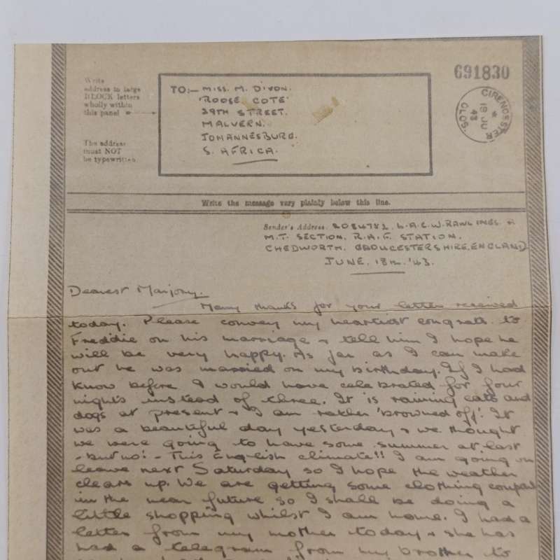 WW2 Airgraph - 1943 cirencester UK to Johannesburg, South Africa
