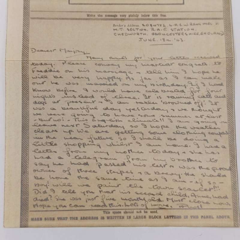 WW2 Airgraph - 1943 cirencester UK to Johannesburg, South Africa