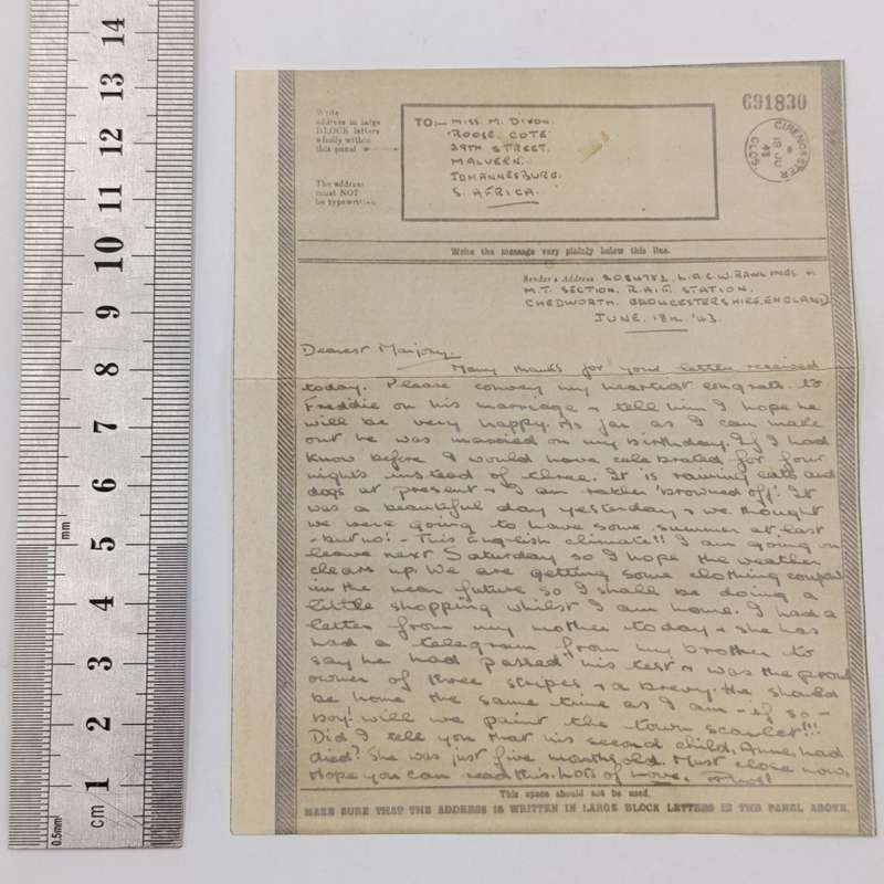 WW2 Airgraph - 1943 cirencester UK to Johannesburg, South Africa