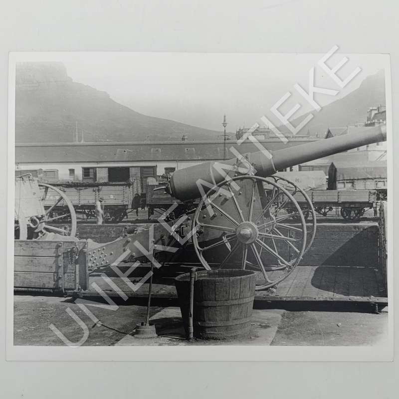 Antique photo reprint of Cannon transported by rail at Cape Town Railway yard