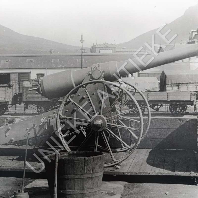 Antique photo reprint of Cannon transported by rail at Cape Town Railway yard