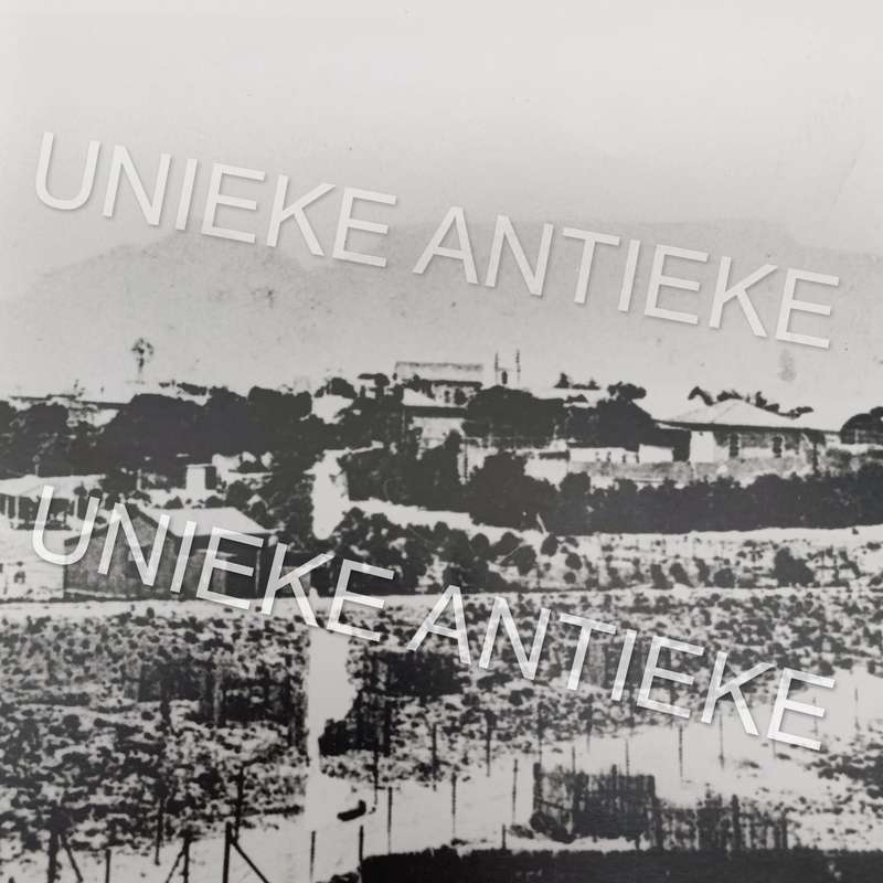Antique photo reprint of Robben Island village with view towards Table Mountain