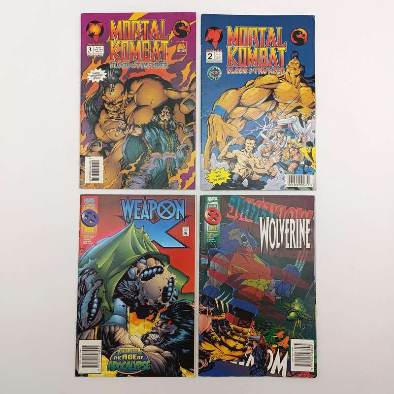Lot of 4 vintage Comics - 1996 South African issue: Weapon X 8 Wolverine 9 Mortal Kombat 2 and 3