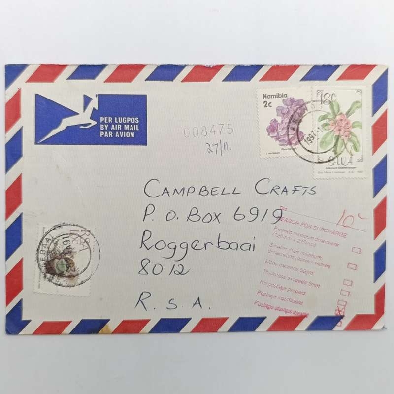 Postal History Namibia 15 November 1991 numbered Airmail cover ARANOS Namibia to Roggebaai