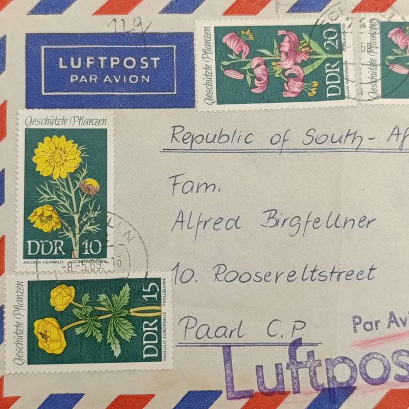 Airmail Cover from DDR (Germany) to Paarl, South Africa with pre printed airmail tag