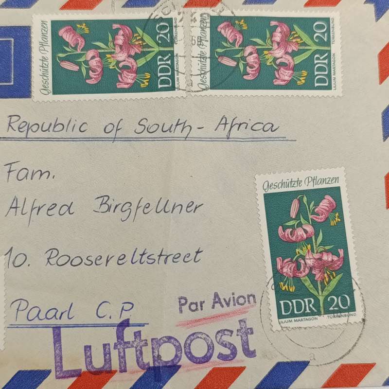 Airmail Cover from DDR (Germany) to Paarl, South Africa with pre printed airmail tag