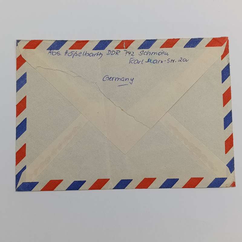 Airmail Cover from DDR (Germany) to Paarl, South Africa with pre printed airmail tag