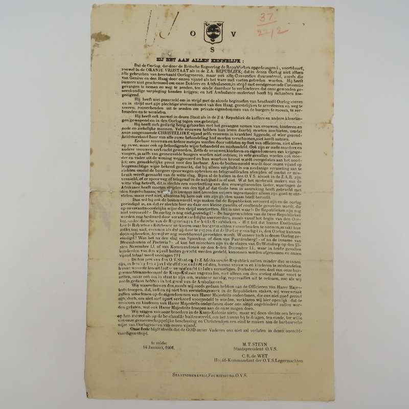 Orange Free State information pamphlet. Issued Te Velde 14 January 1901 by M. T. Steyn (President of