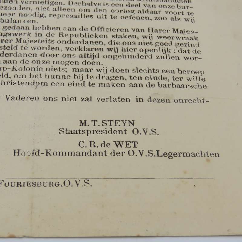 Orange Free State information pamphlet. Issued Te Velde 14 January 1901 by M. T. Steyn (President of