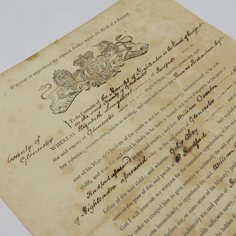 27 September 1819 Legal document for warrant to apprehend the reputed father before the birth