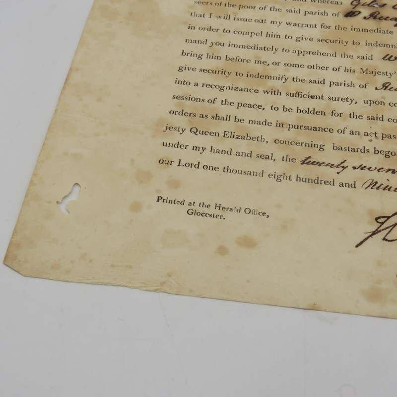 27 September 1819 Legal document for warrant to apprehend the reputed father before the birth