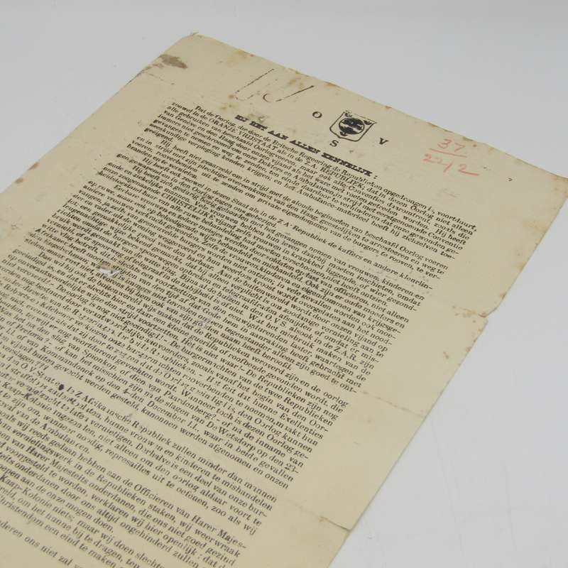 Orange Free State information pamphlet. Issued Te Velde 14 January 1901 by M. T. Steyn (President of
